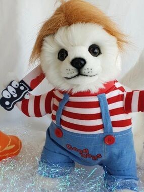 Chuckie Striped Red & White Dog Costume in Blue Overalls and Wig